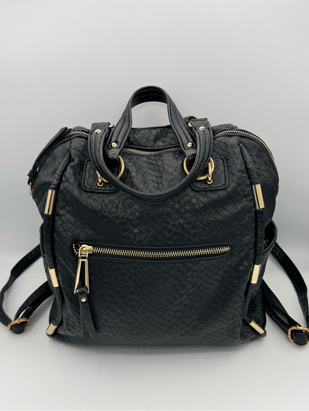 Jessica Simpson Meteorite Texture Mega Convertible Black Gold Backpack Purse